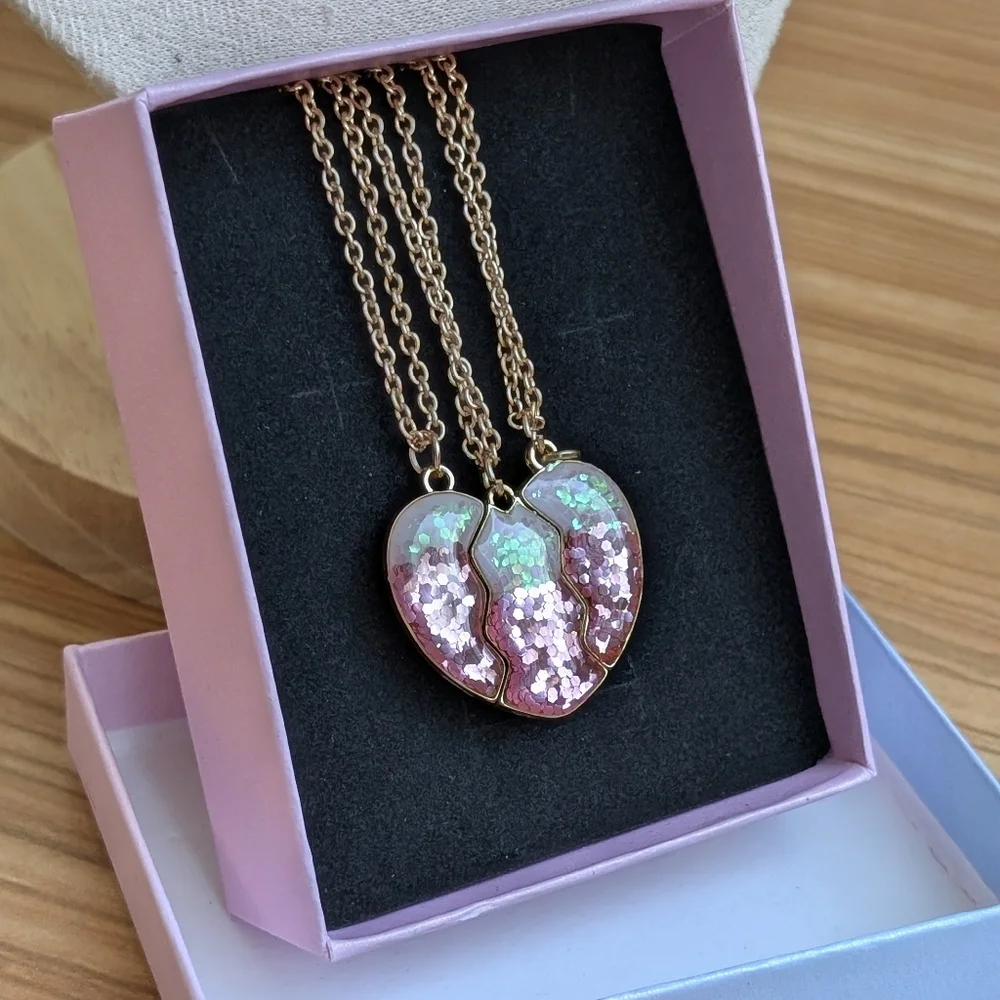 3 Best Friends Forever Trio pink glitter heart 3 pk necklaces School Bestie Gift